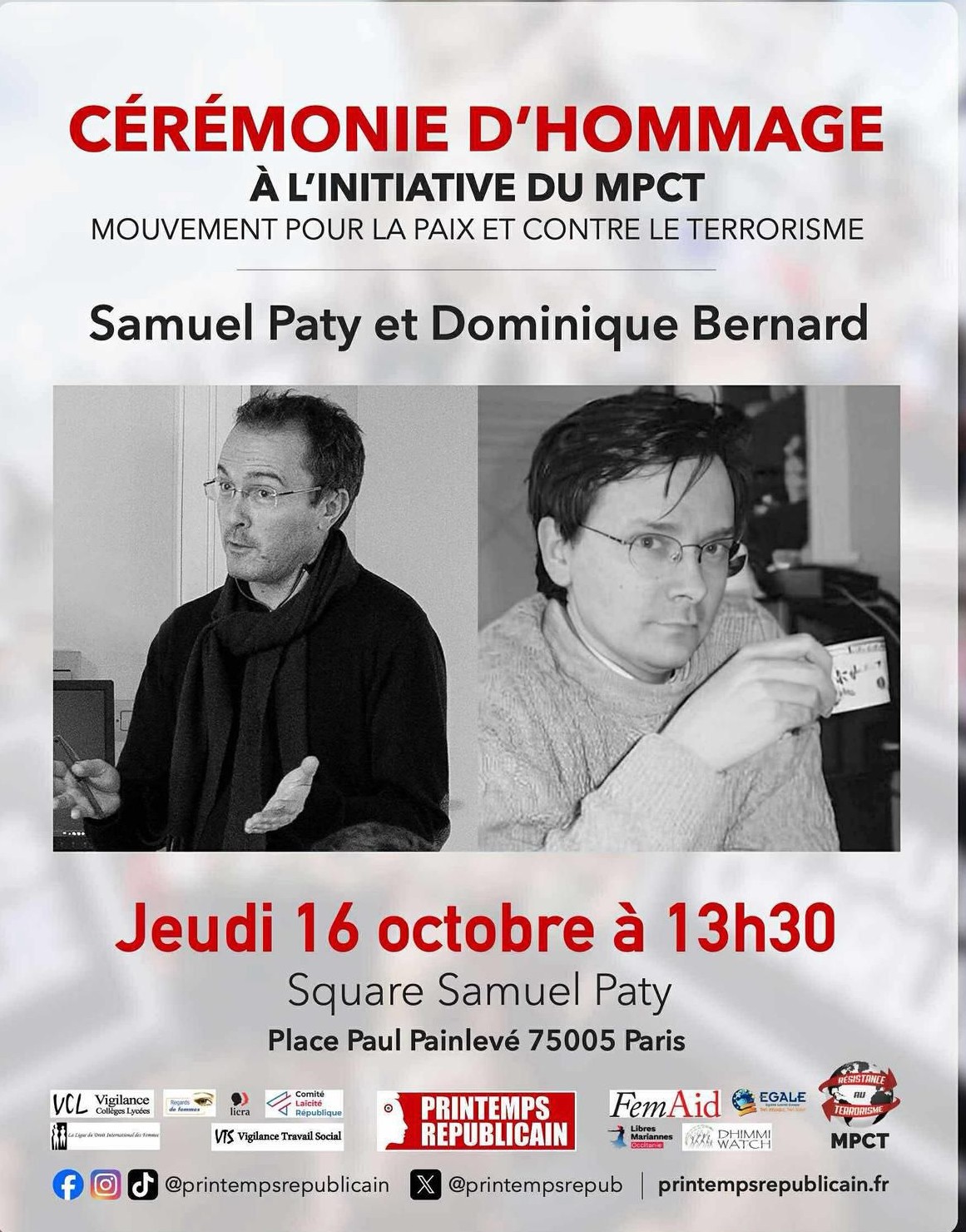 Jeudi 16 octobre : Cérémonie d’hommage à Samuel Paty et Dominique Bernard