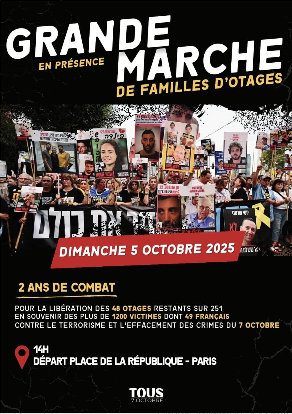 Dimanche 5 octobre, 14h :  Marche pour la libération des otages.