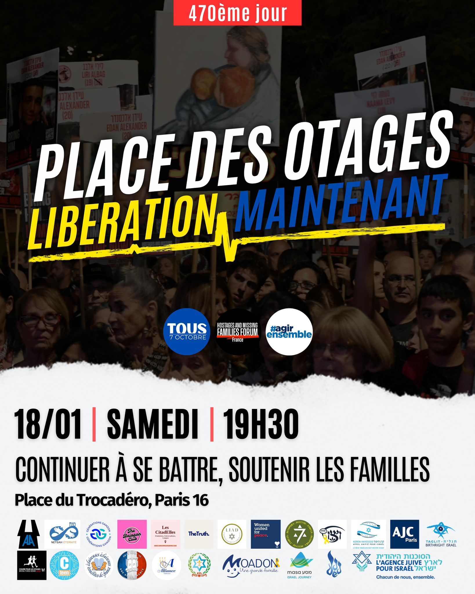 Samedi 18 janvier 19h30 au Trocadéro, 75016 – Place des otages, Tel Aviv.