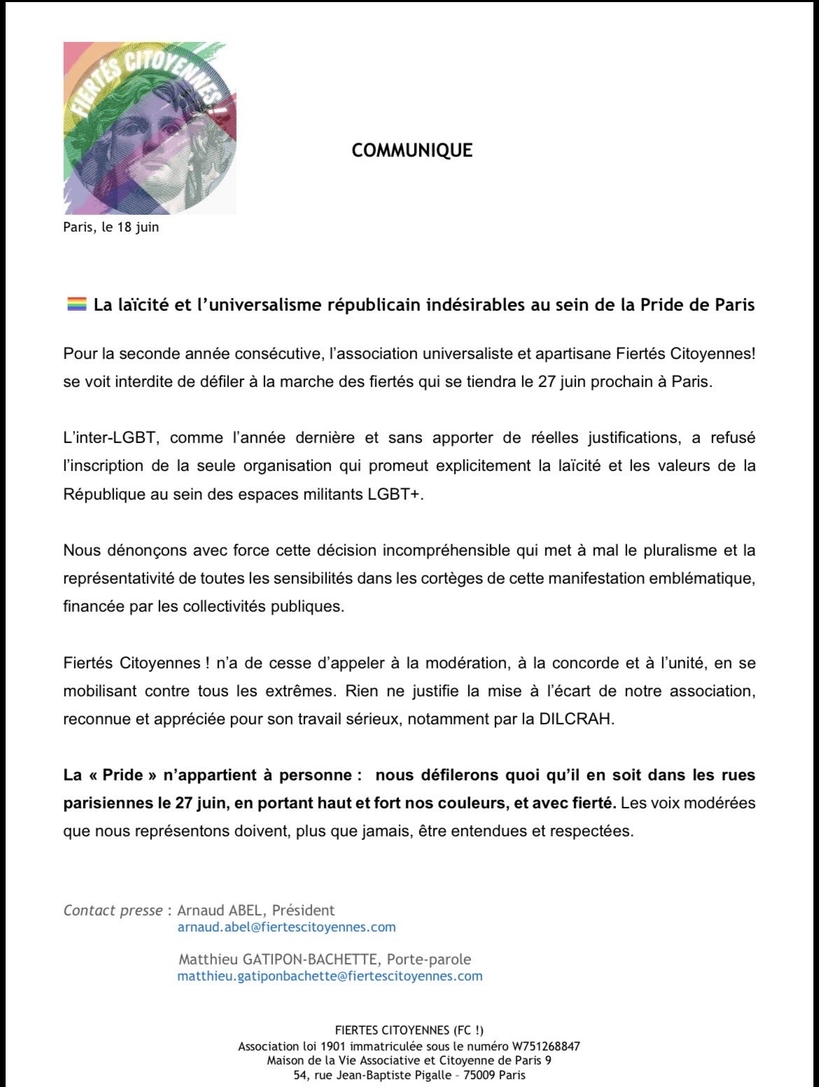 communiqué de presse de fiertés citoyennes suite à l'interdiction de participer à la Pride 2026