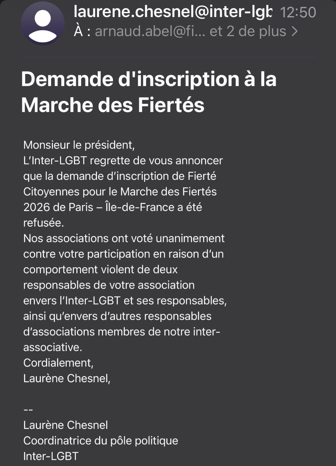 Réponse négative de l'Inter Lgbt à Fiertés citoyennes